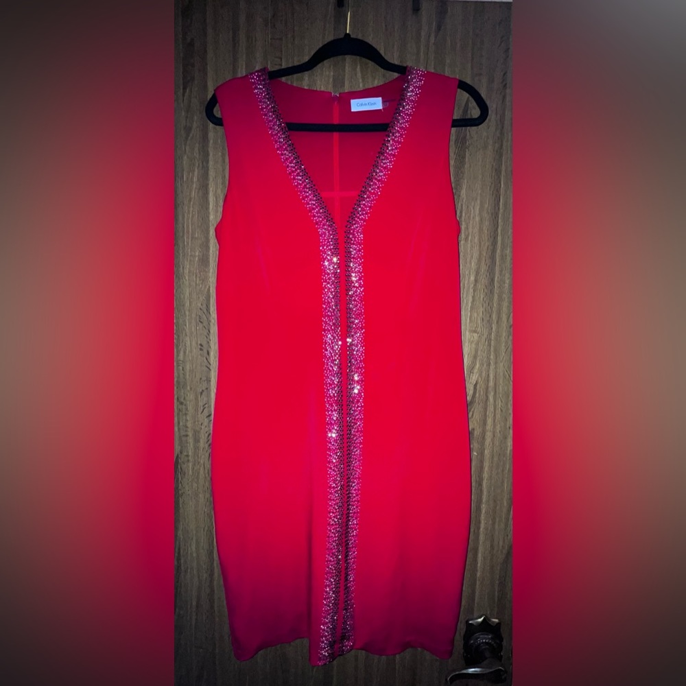 Calvin Klein Red Sleeveless Maxi Dress with Sequin Trim